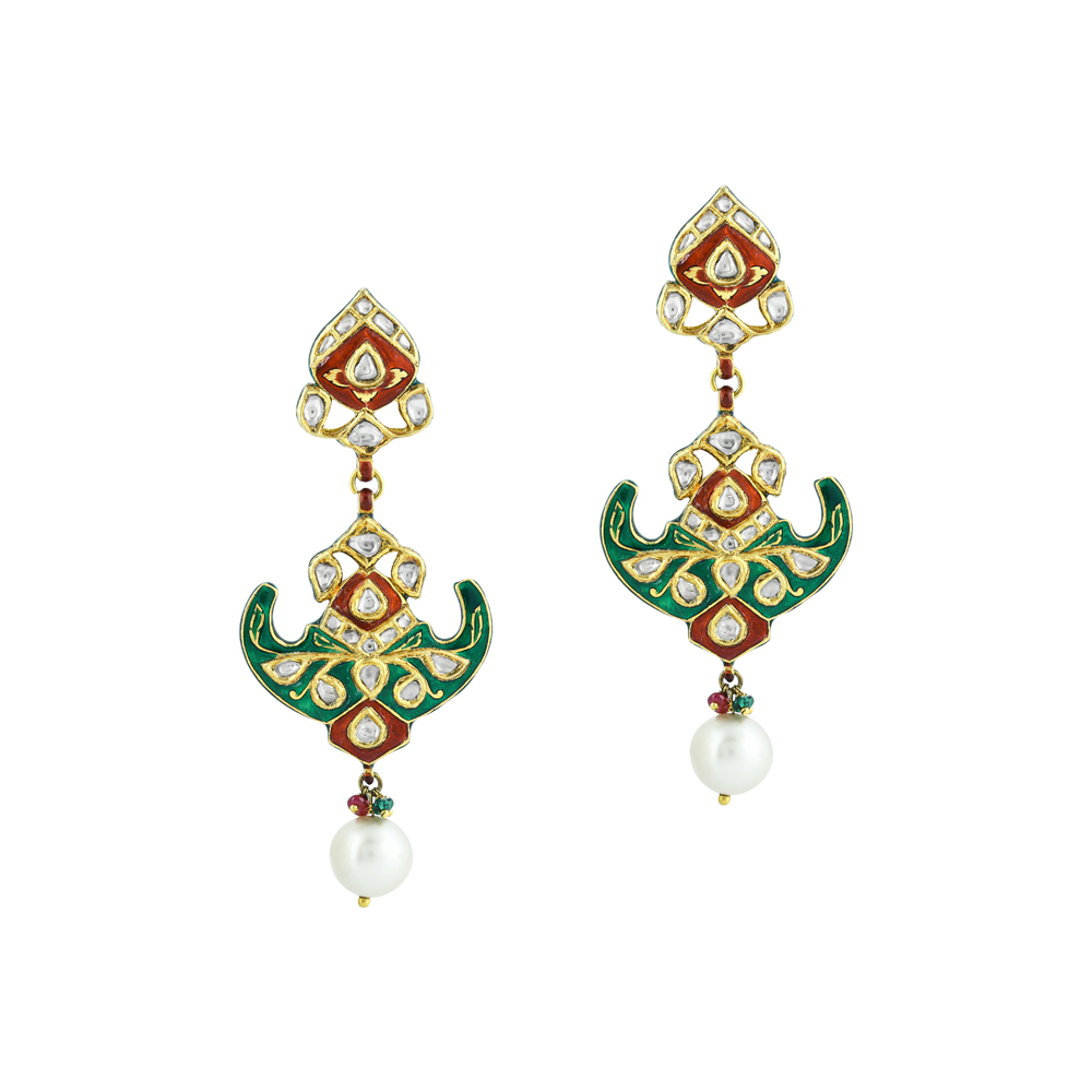 Polki Earrings with Green-Red Enamel, Floral Motif and Pearls